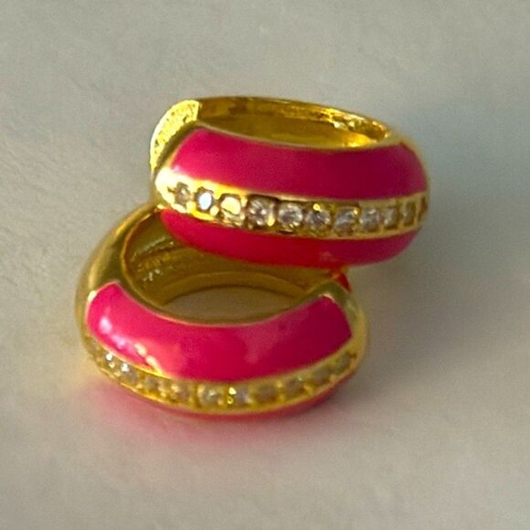 Gabi Rielle Pink Enamel & CZ Mini Hoops – 14k Gold Over Silver Huggies Gift - Picture 6 of 7